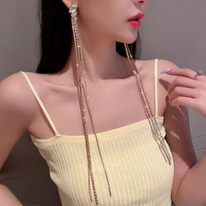 Long Gold Crystal Rhinestone Earrings Luxury Bling Jewelry Gift Party Club Sexy‎